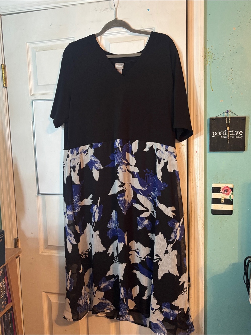 Chico's Black Midi Dress with Blue and White Floral Skirt Size 3 or a 16